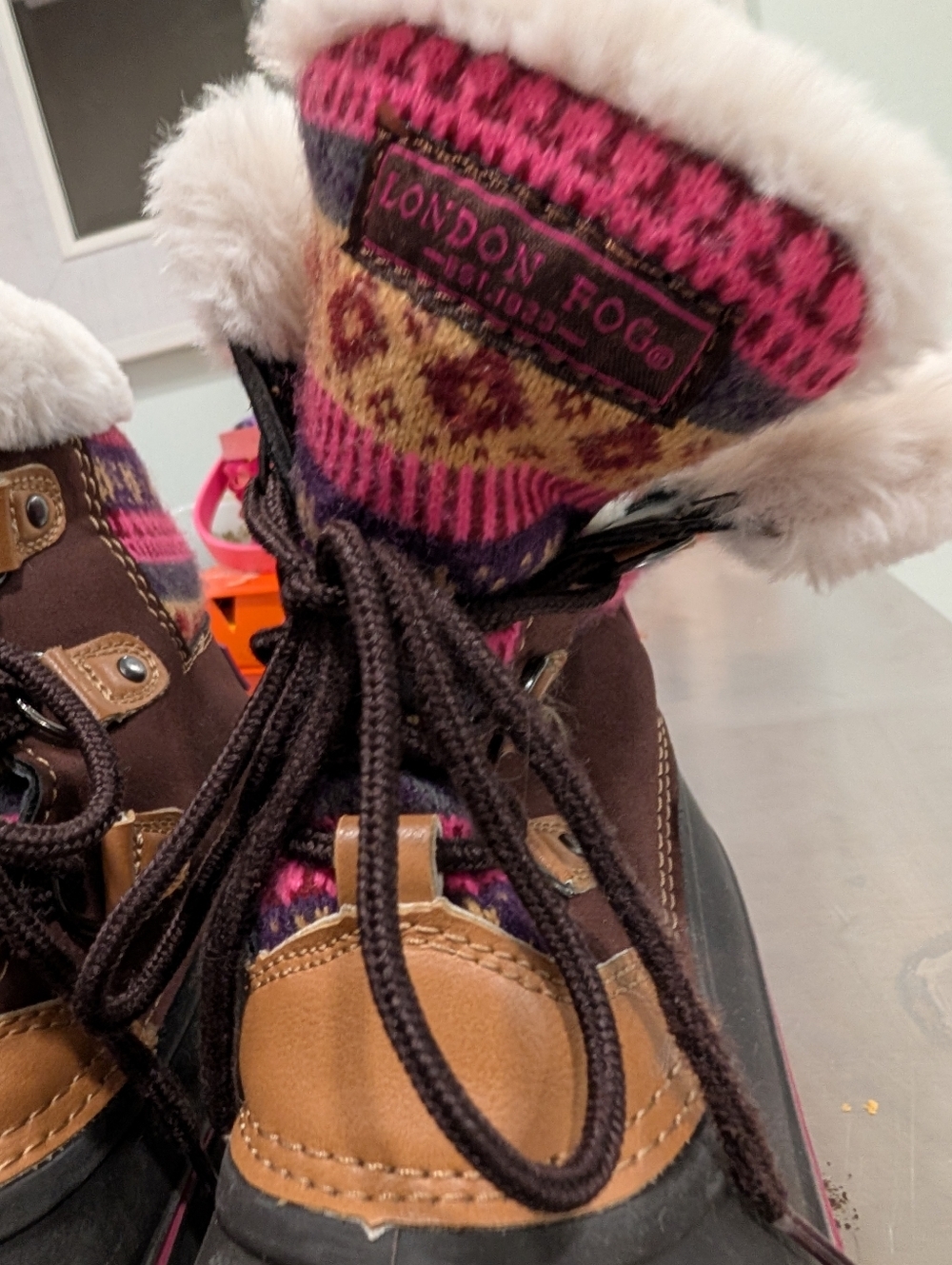 London Fog Brown and Pink Faux-Fur Winter Duck Boots - Picture 6 of 7
